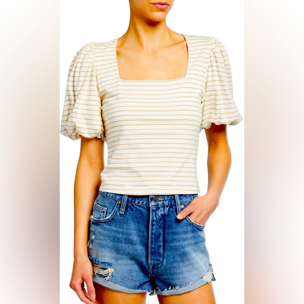 FRAME DENIM NINA KNIT TOP STRIPE PUFF SLEEVES L
